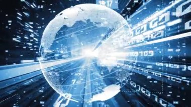 Fütürist küresel ağ ve dijital veri transferi 3D grafik. Yeni bilgi çağındaki küresel eğilimleri değiştiren akıllı dijital dönüşüm ve teknoloji bozulması kavramı .