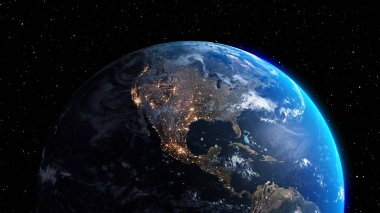 Gerçekçi coğrafya yüzeyi ve yörüngesel 3D bulut atmosferi olan Dünya gezegeni. Kıtaların dünya küresinin dış uzay görüşü. 3 boyutlu görüntüleme. Bu görüntünün elementleri NASA tarafından desteklenmektedir .