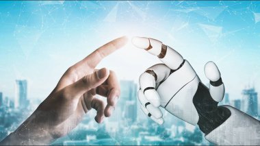 Gelecekçi robot yapay zeka devrimci yapay zeka teknoloji geliştirme ve makine öğrenme kavramı. İnsan hayatının geleceği için küresel robot biyonik bilim araştırması. 3B görüntüleme grafiği.