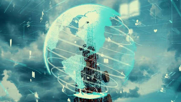 世界的なインターネットネットワーク接続の概念で青い空に対する世界的なビジネス変更と電子商取引の3Dグラフィックと電気通信塔 — ストック写真