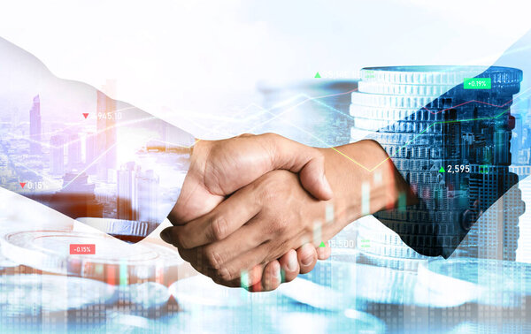 Business handshake on finance prosperity and money technology asset background . Economy and financial growth by investment in valuable stock market to gain wealth profit form currency trading
