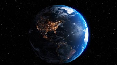 Gerçekçi coğrafya yüzeyi ve yörüngesel 3D bulut atmosferi olan Dünya gezegeni. Kıtaların dünya küresinin dış uzay görüşü. 3 boyutlu görüntüleme. Bu görüntünün elementleri NASA tarafından desteklenmektedir .