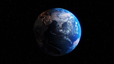 Gerçekçi coğrafya yüzeyi ve yörüngesel 3D bulut atmosferi olan Dünya gezegeni. Kıtaların dünya küresinin dış uzay görüşü. 3 boyutlu görüntüleme. Bu görüntünün elementleri NASA tarafından desteklenmektedir .