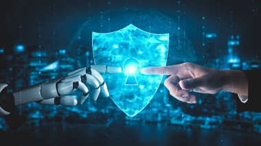 Gelecekçi robot yapay zeka yapay zeka yapay zekayı aydınlatıyor ve makine öğrenme kavramını geliştiriyor. İnsan hayatının geleceği için küresel robot biyonik bilim araştırması. 3B görüntüleme grafiği.