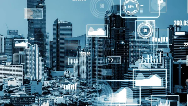 Business data analytic interface fly over smart city showing alteration future of business intelligence. Computer software and artificial intelligence are used to analyze big data for strategic plan .