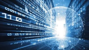 Fütürist küresel ağ ve dijital veri transferi 3D grafik. Yeni bilgi çağındaki küresel eğilimleri değiştiren akıllı dijital dönüşüm ve teknoloji bozulması kavramı .