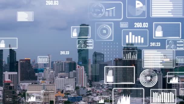 业务数据分析接口飞越智能城市 显示出商业智能的变化前景 利用计算机软件和人工智能分析用于战略计划的海量数据 — 图库视频影像