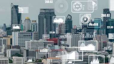 İş verileri analitik arayüzü akıllı şehrin üzerinde uçuyor ve iş zekasının geleceğini değiştiriyor. Stratejik plan için büyük verileri analiz etmek için bilgisayar yazılımı ve yapay zeka kullanılır .