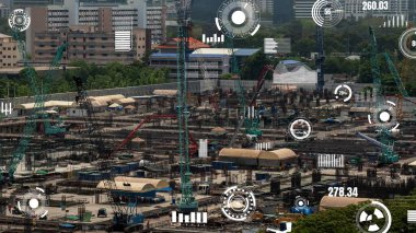 Otomasyon konseptini ve uzaktan kablosuz makine kontrolünü gösteren bir bilgisayar yazılımında fütüristik HUD kullanarak inşaat teknolojisi konsepti üzerinde değişiklik grafiği içeren konsept .