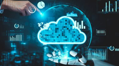 Gelecekçi robot yapay zeka yapay zeka yapay zekayı aydınlatıyor ve makine öğrenme kavramını geliştiriyor. İnsan hayatının geleceği için küresel robot biyonik bilim araştırması. 3B görüntüleme grafiği.