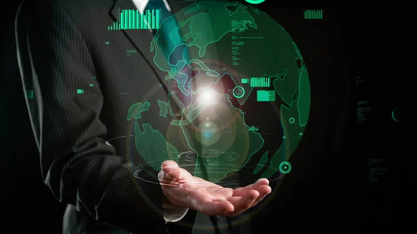 Бизнесмен Показывает Голограмму Глобальной Бизнес Коммуникационной Аллюзорной Технологии Виртуальная Дополненная — стоковое фото