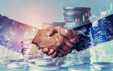 Ekonomik refah ve para teknolojisinin varlık geçmişi üzerine iş tokalaşması. Değerli borsaya yatırım yaparak ekonomik ve finansal büyüme ile refah kar birimi ticareti elde edilir