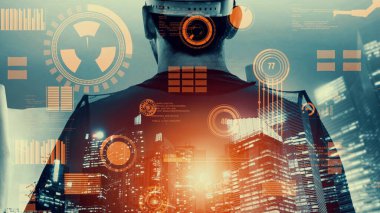 Gelecekteki bina inşaatı ve HUD hologram grafik tasarımı ile yaratıcı mühendislik projesi konsepti. İnşaat mühendisi, mimar ya da inşaat işçisi modern sivil teknoloji ile çalışıyor..