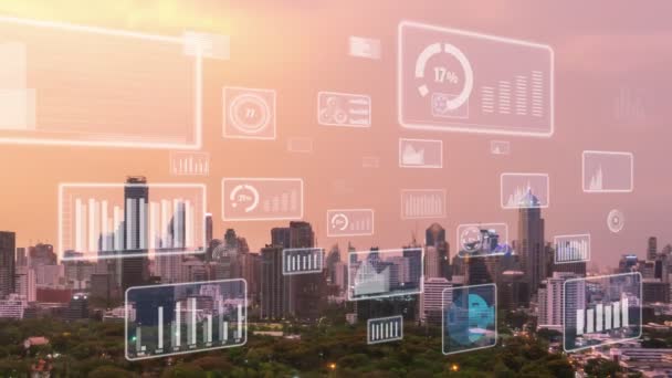 Geschäftsdaten Analytische Schnittstelle Fliegen Über Smart City Zeigt Veränderung Zukunft — Stockvideo