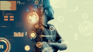 Gelecekteki bina inşaatı ve HUD hologram grafik tasarımı ile yaratıcı mühendislik projesi konsepti. İnşaat mühendisi, mimar ya da inşaat işçisi modern sivil teknoloji ile çalışıyor..