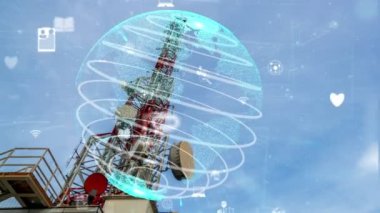 Dünya çapında internet ağı bağlantıları kavramında küresel iş değişikliğinin ve mavi gökyüzüne karşı e-ticaretin 3 boyutlu grafiğine sahip telekomünikasyon kulesi .