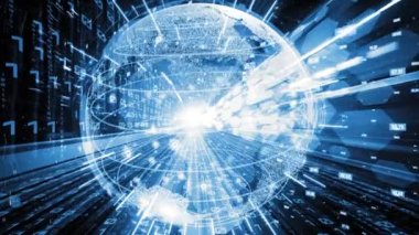 Fütürist küresel ağ ve dijital veri transferi 3D grafik. Yeni bilgi çağındaki küresel eğilimleri değiştiren akıllı dijital dönüşüm ve teknoloji bozulması kavramı .