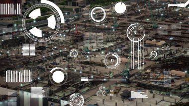 Otomasyon konseptini ve uzaktan kablosuz makine kontrolünü gösteren bir bilgisayar yazılımında fütüristik HUD kullanarak inşaat teknolojisi konsepti üzerinde değişiklik grafiği içeren konsept .