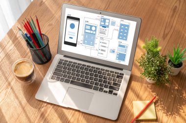 Model mobil uygulama ve web sitesi için UX UI tasarım süreci. Profesyonel uygulama geliştiricisi için kablo grafiğinin yaratıcı prototipi .