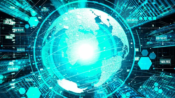 Fütürist küresel ağ ve dijital veri transferi 3D grafik. Yeni bilgi çağındaki küresel eğilimleri değiştiren akıllı dijital dönüşüm ve teknoloji bozulması kavramı .