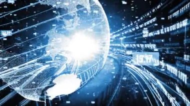 Fütürist küresel ağ ve dijital veri transferi 3D grafik. Yeni bilgi çağındaki küresel eğilimleri değiştiren akıllı dijital dönüşüm ve teknoloji bozulması kavramı .