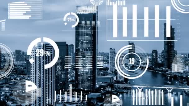 Interfaz Analítica Datos Empresariales Sobrevuela Ciudad Inteligente Mostrando Alteración Del — Vídeo de stock