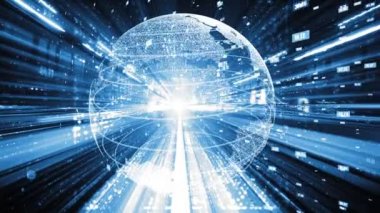 Fütürist küresel ağ ve dijital veri transferi 3D grafik. Yeni bilgi çağındaki küresel eğilimleri değiştiren akıllı dijital dönüşüm ve teknoloji bozulması kavramı .