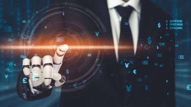 Gelecekçi robot yapay zeka devrimci yapay zeka teknoloji geliştirme ve makine öğrenme kavramı. İnsan hayatının geleceği için küresel robot biyonik bilim araştırması. 3B görüntüleme grafiği.