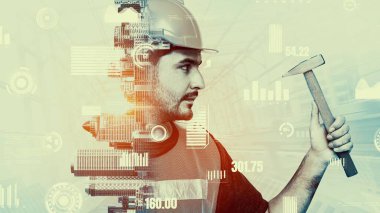 Gelecekteki bina inşaatı ve HUD hologram grafik tasarımı ile yaratıcı mühendislik projesi konsepti. İnşaat mühendisi, mimar ya da inşaat işçisi modern sivil teknoloji ile çalışıyor..