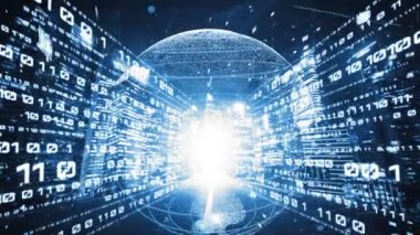 Fütürist küresel ağ ve dijital veri transferi 3D grafik. Yeni bilgi çağındaki küresel eğilimleri değiştiren akıllı dijital dönüşüm ve teknoloji bozulması kavramı .