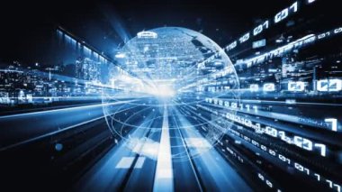 Fütürist küresel ağ ve dijital veri transferi 3D grafik. Yeni bilgi çağındaki küresel eğilimleri değiştiren akıllı dijital dönüşüm ve teknoloji bozulması kavramı .