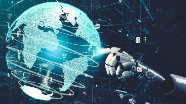 Gelecekçi robot yapay zeka devrimci yapay zeka teknoloji geliştirme ve makine öğrenme kavramı. İnsan hayatının geleceği için küresel robot biyonik bilim araştırması. 3B görüntüleme grafiği.