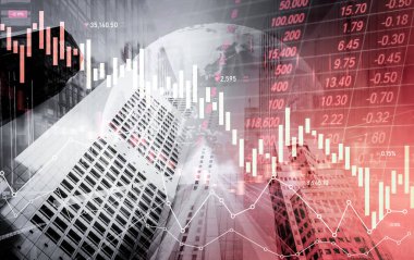 Economic crisis concept shown by digital indicators and graphs falling down with modernistic urban, city area. Double exposure. Stock market crash concept.