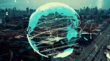 Otomasyon konseptini ve uzaktan kablosuz makine kontrolünü gösteren bir bilgisayar yazılımında fütüristik HUD kullanarak inşaat teknolojisi konsepti üzerinde değişiklik grafiği içeren konsept .