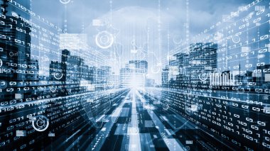 Ticari veri analizi ve zeki yazılım pazarlama stratejisi. Yeni bilgi çağındaki küresel eğilimleri değiştiren akıllı dijital dönüşüm ve teknoloji bozulması kavramı .