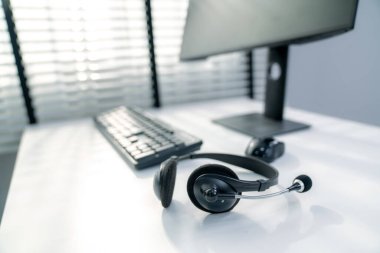 Essential equipment concept for competent online operators, call service agents, or online working. Customer service equipment, as well as helpdesk tools.