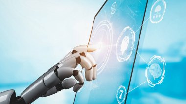 Gelecekçi robot yapay zeka devrimci yapay zeka teknoloji geliştirme ve makine öğrenme kavramı. İnsan hayatının geleceği için küresel robot biyonik bilim araştırması. 3B görüntüleme grafiği.