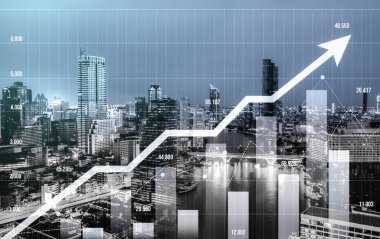 Financial graphs and digital indicators overlap with modernistic urban area, skyscrabber for stock market business concept. Double exposure.