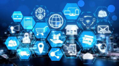 Omni channel technology of online retail business approach. Multichannel marketing on social media network offer service of internet payment channel, online retail shopping and omni digital app