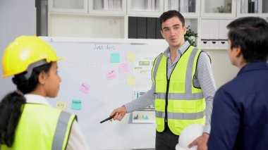 A team of investor and competent engineers brainstorming on the whiteboard to find new ideas and making plans. The idea of a team gather ideas together.