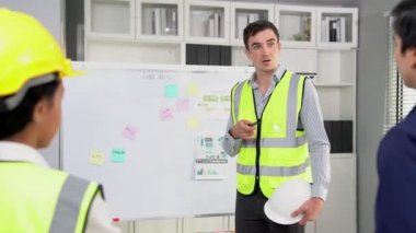 A team of investor and competent engineers brainstorming on the whiteboard to find new ideas and making plans. The idea of a team gather ideas together.