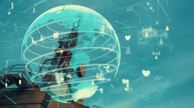 Dünya çapında internet ağı bağlantıları kavramında küresel iş değişikliğinin ve mavi gökyüzüne karşı e-ticaretin 3 boyutlu grafiğine sahip telekomünikasyon kulesi .