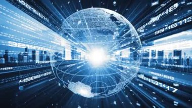 Fütürist küresel ağ ve dijital veri transferi 3D grafik. Yeni bilgi çağındaki küresel eğilimleri değiştiren akıllı dijital dönüşüm ve teknoloji bozulması kavramı .