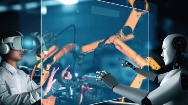 Cybernated industry robot and human worker working together in future factory . Concept of artificial intelligence for industrial revolution and automation manufacturing process .