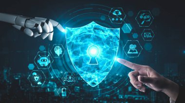 Gelecekçi robot yapay zeka yapay zeka yapay zekayı aydınlatıyor ve makine öğrenme kavramını geliştiriyor. İnsan hayatının geleceği için küresel robot biyonik bilim araştırması. 3B görüntüleme grafiği.