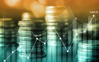 Finans ve para teknolojisi iş refahı ve varlık yönetimi kavramı. Yaratıcı grafik, refah karı elde etmek için değerli varlıklara yatırım yaparak ekonomi ve mali büyümeyi gösteriyor .
