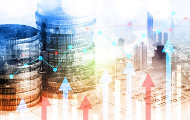 Finans ve para teknolojisi iş refahı ve varlık yönetimi kavramı. Yaratıcı grafik, refah karı elde etmek için değerli varlıklara yatırım yaparak ekonomi ve mali büyümeyi gösteriyor .
