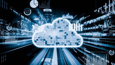 Akıllı paylaşım yazılımıyla bulut bilgisayarı ve çevrimiçi veri depolama. Yeni bilgi çağındaki küresel eğilimleri değiştiren akıllı dijital dönüşüm ve teknoloji bozulması kavramı .