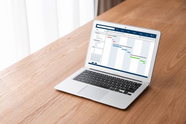 Ekip projesinin zaman çizelgesini gösteren bilgisayar ekranında, modern iş projesi yönetimi için proje planlama yazılımı