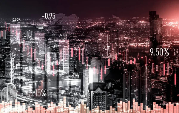 Economic crisis concept shown by digital indicators and graphs falling down with modernistic urban, city area. Double exposure. Stock market crash concept.